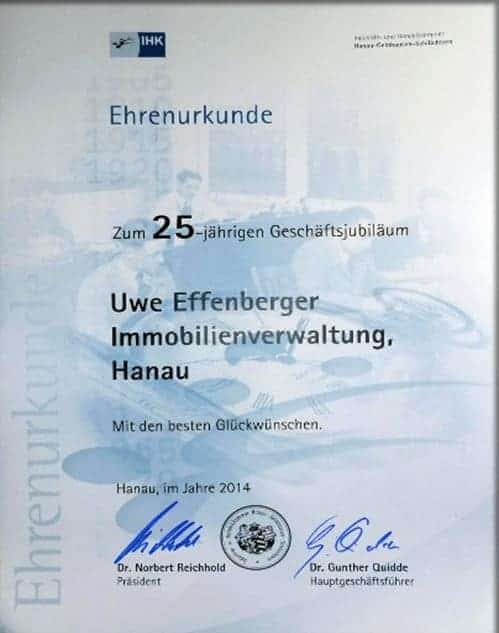 Ehrenurkunde Immobilienberwaltung Effenberger
